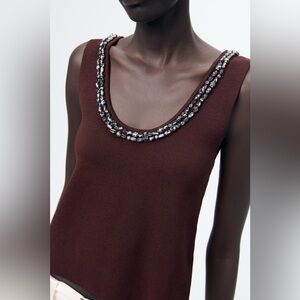 Zara Jewel Beads Knit Sleeveless Top in Burgundy - M NWT